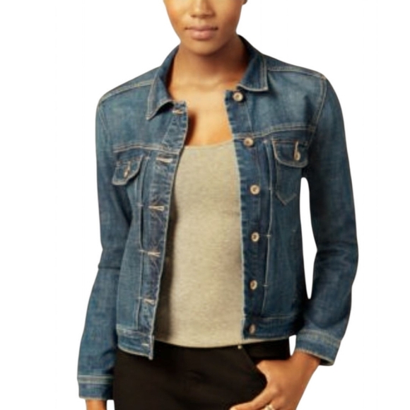 LEE PLATINUM Trucker Jacket Denim Blue Jean Fitted Cropped Stretch Medium - Picture 8 of 9